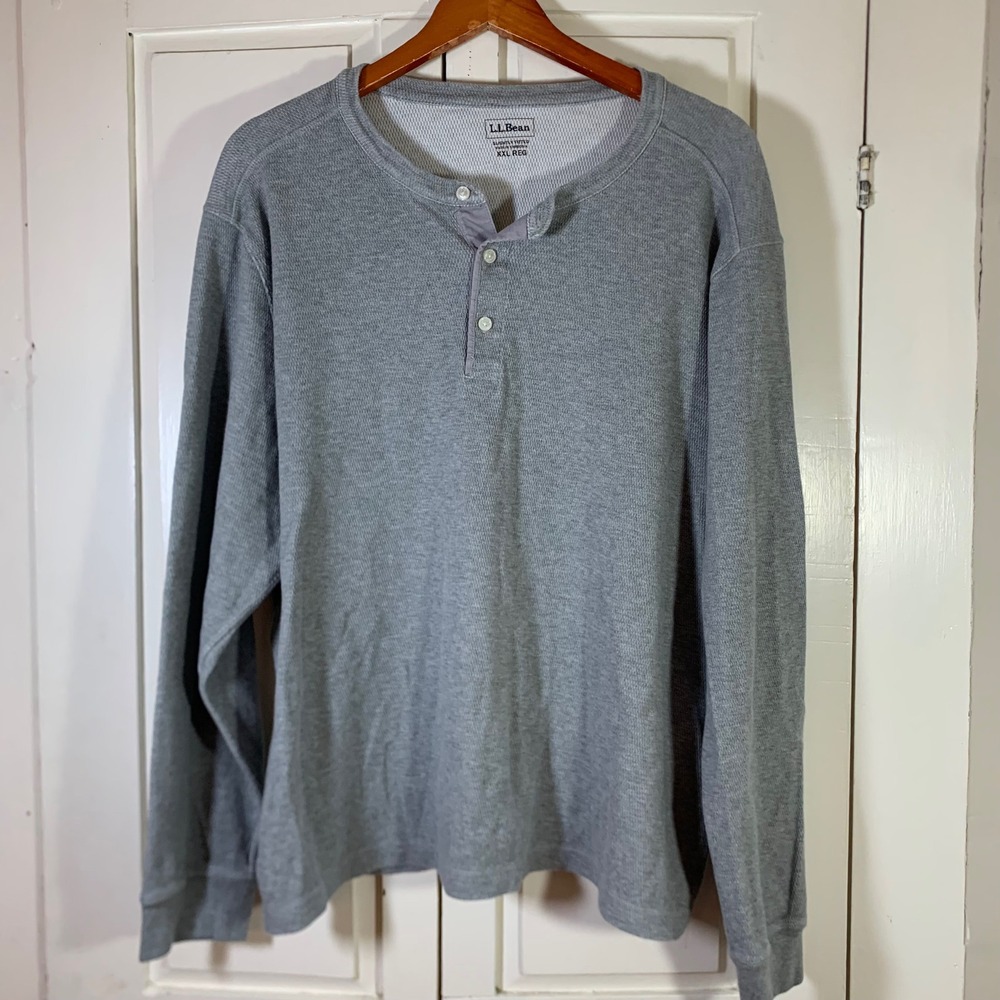 LL Bean Mens XXL Gray Waffle Knit Henley Long Sleeve Cotton Shirt 523188